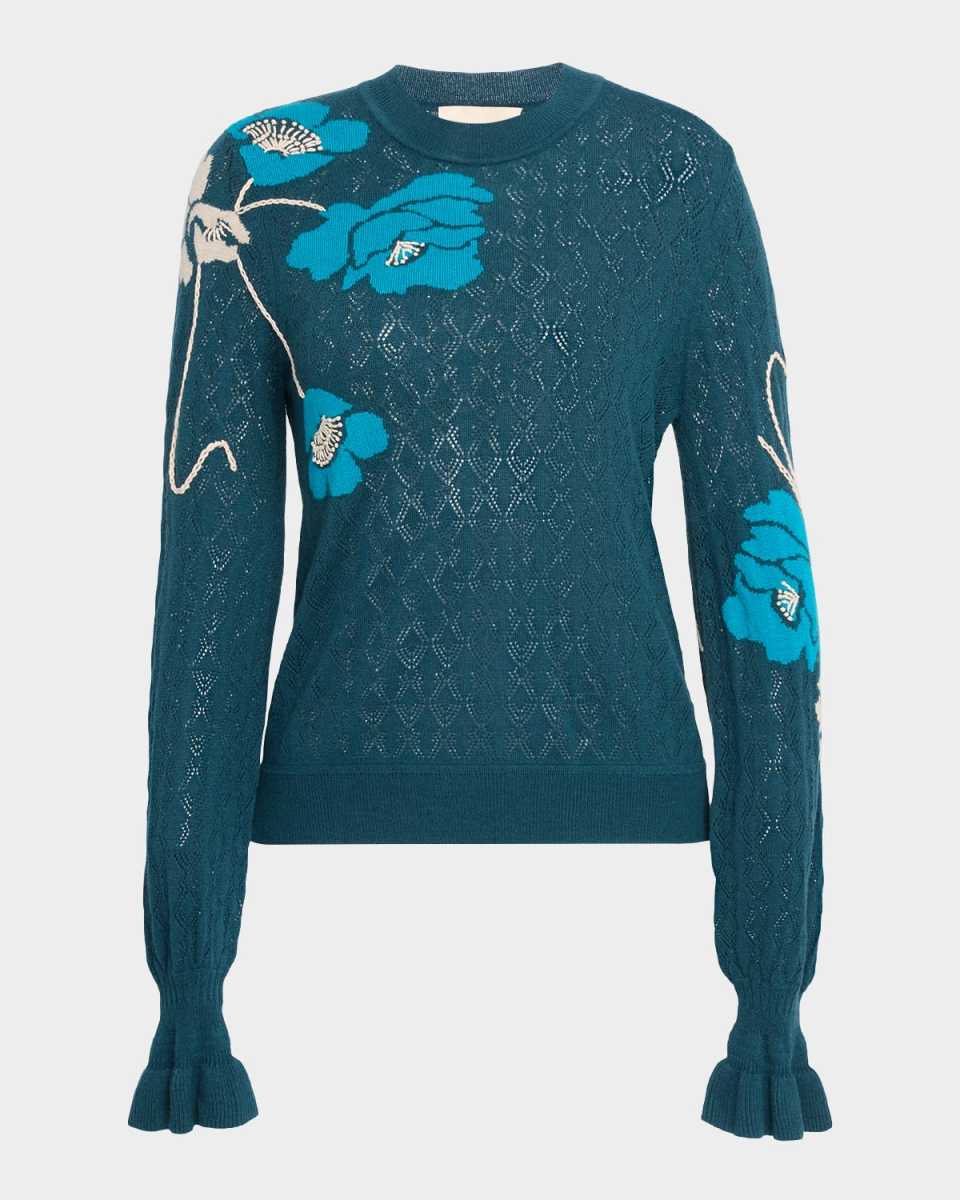 Patricia Ruffle-Cuff Pointelle Knit Sweat